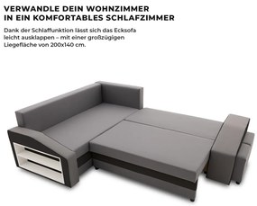 Grande sarokkanapé polcokkal és puffokkal , polc a bal karfaban puffok a jobb karfaban, baloldali, szövet anyag, bonell töltet, szürke - fekete