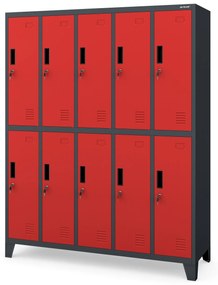 10 rekeszes öltözőszekrény lábakon BARTEK, 1360 x 1720 x 450 mm, antracit-piros