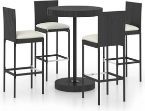 vidaXL 5 részes fekete polyrattan kerti bárszett párnákkal