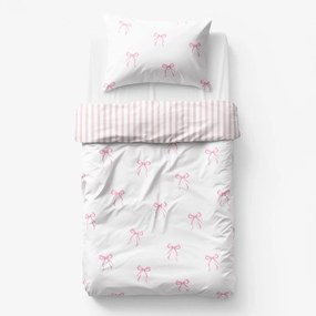 Goldea gyermek pamut ágyneműhuzat - masnik, púderrózsaszín csíkos hátoldal 140 x 200 és 70 x 90 cm