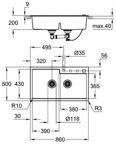 GROHE 31649AP0 - K500 mosogató, 860 × 500 mm, gránit/fekete