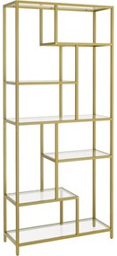 Könyvespolc, 6 szintes magas könyvszekrény 30 × 80 × 180 cm, fémes arany színben