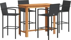 vidaXL 5 részes fekete tömör akácfa és polyrattan kerti bárszett