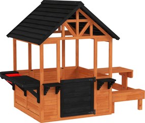 AIYAPLAY Wooden Outdoor Playhouse for Kids — Table, Benches, Sink, Door, Window & Flower Boxes, Brown, 166.3 x 112.5 x 139.7 cm (65.5 x 44.3 x 55.0 in