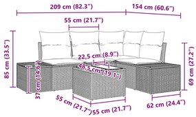 5 darabos kerti sofa szett párnákkal, szürke polirattan
