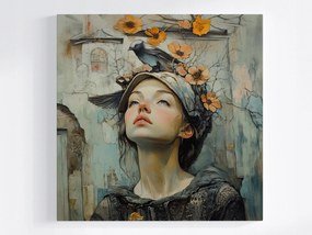 Canvas Vászonkép Portré Nő Lány Virág Madarak Retro 40x40