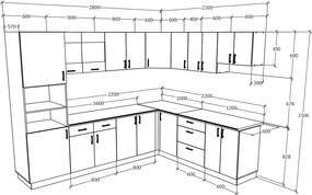 Karo V36 sarok konyhabútor 28 mm-es Thermo munkalappal, Fényes szürke / Fehér, MDF, 280 x 220 cm