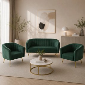 Design kétszemélyes kanapé, sötétzöld Velvet szövet/gold króm-arany, BAGY