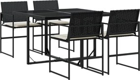 vidaXL 5 részes fekete polyrattan kerti étkezőgarnitúra párnákkal