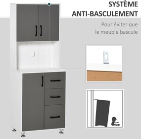 HOMCOM Konyhai Buffét Többfunkciós Szekrény 2 + 1 Ajtó, 3 Fiók + Nagy Munkalap, Méret: 60L x 40W x 160H cm, Szürke és Fehér | Aosom