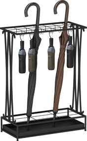 HOMCOM Fém Esernyő Tartó, Téglalap Alakú Esőernyő Állvány 24 Horoggal, 21 Nyílással, Kivehető Vízgyűjtő Tálcával 50 x 24 x 68 cm Fekete | Aosom