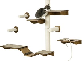 PawHut Macska Mászófal Szett, 8 Darabos Macska Bútor Kaparóoszlopokkal, Pihenőhelyekkel, Kaparótáblával, Macska Lépcsőkkel, Zsineggel, Barna | Aosom
