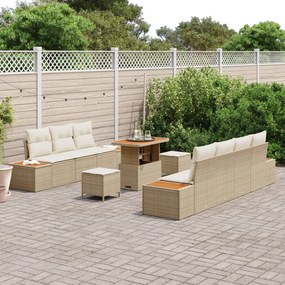 10 db-os Kert Sofa Szett Párnákkal Bézs Poli Rattan Akác, 3 db-os Kert Étkező Szett Párnákkal Bézs Poli Rattan Akác