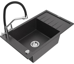 Mexen Elias 1-medencés gránit mosogatótálca lefolyóval és Duo konyhai csapteleppel, fekete pöttyös - 6511-76-671701-07