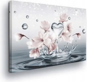 Vászonkép 100x75 Friss víz finom virágok dinamika cseppek szív természet