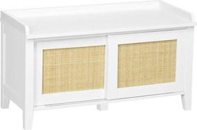 HOMCOM Cipőtartó Pad ülőhellyel, 2 Rattant Ajtó, Boho Stílus, Teherbírás 130 kg, Előszobába 80x35x45 cm, Fehér és Természetes | Aosom