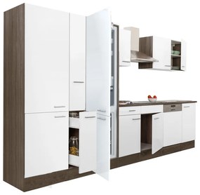 Yorki 370 konyhabútor yorki tölgy korpusz,selyemfényű fehér fronttal polcos szekrénnyel és alulfagyasztós hűtős szekrénnyel