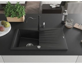 Mexen Cesar, 1 kamrás gránit mosogató 775x470x190 mm és mosogató csaptelep Carla, fekete, 6514-77-670700-70