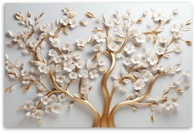 Gario Vászonkép Fehér magnólia virágok arany ágakon Méret: 120 x 80 cm