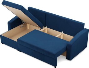 Zeus sarokkanapé, 2 ágyneműtartóval, döntött kartámasz, bársony, univerzális oldal, hab töltet, kék