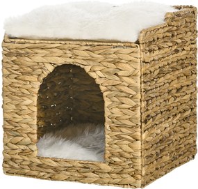 PawHut Rattan Macska Háza, Macska Barlang Párnával, Macska Kuckó 2 Szinttel, Macska Ágy, Macska Kosár 5 kg-ig, Vízihíd Függönyből, 37,5 x 37,5 x 41,5
