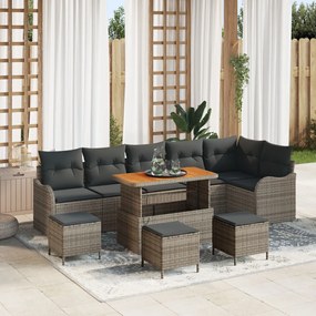 9 darabos Kert Sofa Szett Párnákkal Szürke Poli Rattan Akáciával, 2-Fős Kert Sofa Párnákkal Szürke Poli Rattan, 3 darabos Kert Étkező Szett Párnákkal Szürke Poli Rattan Akáciával