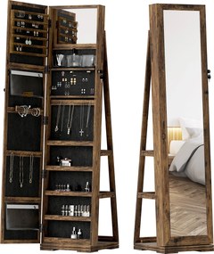 HOMCOM Zárható Forgatható Ékszeres Szekrény Tükörrel - Több Szekrényező Ékszeres Szekrény - Rusztikus Barna Fa | Aosom