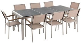Nyolcszemélyes fekete gránit étkezőasztal bézs textilén székekkel GROSSETO Beliani