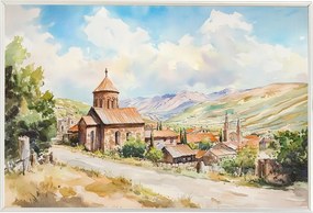 Poszter Alumínium Keret Festői Falu Kolostor Hegyek Nyár 60x40