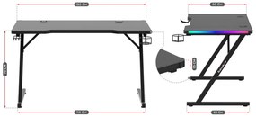 Gamer asztal RGB , 120 x 60 cm, fekete.