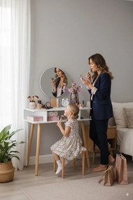 Fehér retro fésülködőasztal kerek tükörrel és ülőkével 75 x 45 x 129,5 cm