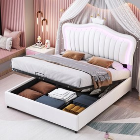 Kárpitozott ágy 140 x 200 cm Dupla ágy Hidraulikus Led Pu Fehér