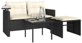 3 részes fekete polyrattan kerti ülőgarnitúra párnával