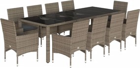 vidaXL 11 részes szürke polyrattan/üveg kerti ülőgarnitúra párnákkal