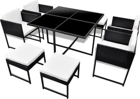 vidaXL 9-részes fekete polyrattan kültéri étkezőszett párnákkal