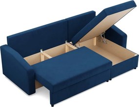 Zeus sarokkanapé, 2 ágyneműtartóval, döntött kartámasz, bársony, univerzális oldal, bonell töltet, kék