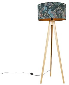 Modern állólámpa fa, szövet árnyékoló fekete páva mintával 50 cm - Tripod Classic