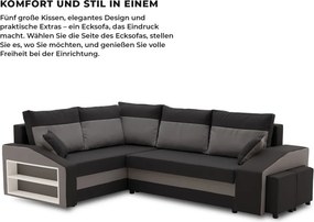 Grande sarokkanapé polcokkal és puffokkal , polc a bal karfaban puffok a jobb karfaban, baloldali, szövet anyag, bonell töltet, fekete - szürke