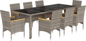vidaXL 9 részes szürke polyrattan/üveg kerti étkezőgarnitúra párnával