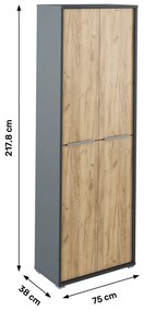Magas szekrény polcokkal, grafit/tölgyfa artisan, RIOMA NEW TYP 05