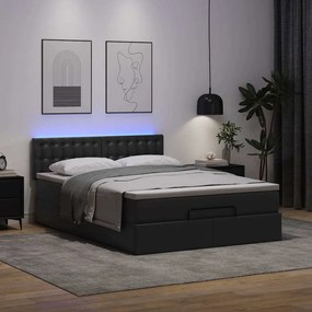 fekete műbőr ottomán ágy matracokkal &amp; LED-ek 140x200cm