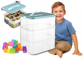 3 szintes építőkocka rendszerező doboz rekeszekkel, fogantyúval