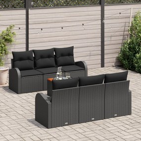 7 darabos Kertheverő szett párnákkal, fekete poli rattan, akáciából, 2 személyes Kertheverő tárolóval és párnákkal, fekete poli rattan