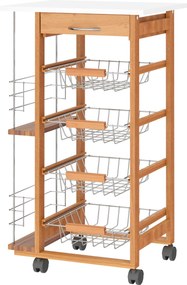 HOMCOM Konyhai Kocsi Kerekekkel, Többcélú Kocsi Fiókkal, 4 Leszedhető Fém Kosárral és Oldalsó Polcokkal 47x37x83 cm Természetes Fából | Aosom