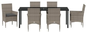 7 Részes Kerti Étkezőszett Párnákkal Szürke Poli Rattan, Kerti Asztal Fekete 200x80x73 cm Edzett Üveg