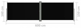 fekete behúzható oldalsó napellenző 160 x 600 cm