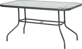 Outsunny Téglalap alakú Kültéri Kerti Asztal Ívelt Fém Élekkel és Napernyő Nyílással Edzett Üveg 70kg Teherbírás 140x80x70 cm Sötétszürke | Aosom