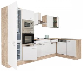 Yorki 340 sarok konyhablokk sonoma tölgy korpusz,selyemfényű fehér fronttal alulagyasztós hűtős szekrénnyel