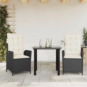 3 részes fekete polyrattan kerti étkezőgarnitúra párnákkal