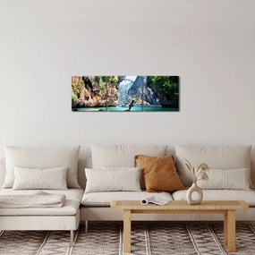 Kép - Víz mediterrán táj csónakkal (órával) (90x30 cm)